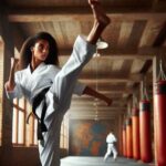 Martial artist practicing a high kick during training