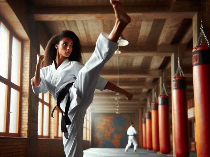 Martial artist practicing a high kick during training