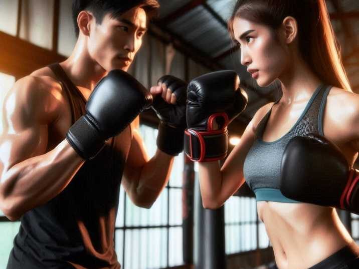 Two people sparring in a Muay Thai session