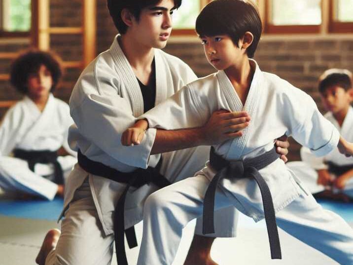 Kids practicing martial arts techniques in a dojo.