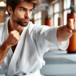 Karate student practicing a punch in a dojo