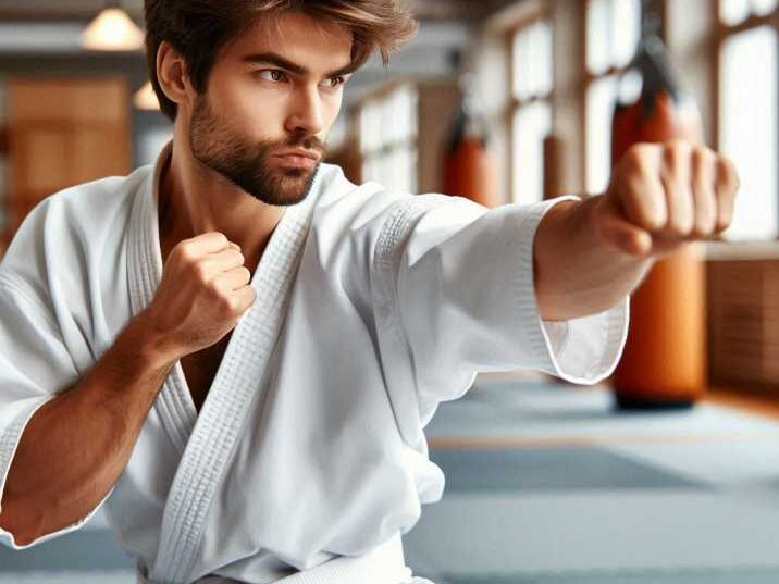 Karate student practicing a punch in a dojo