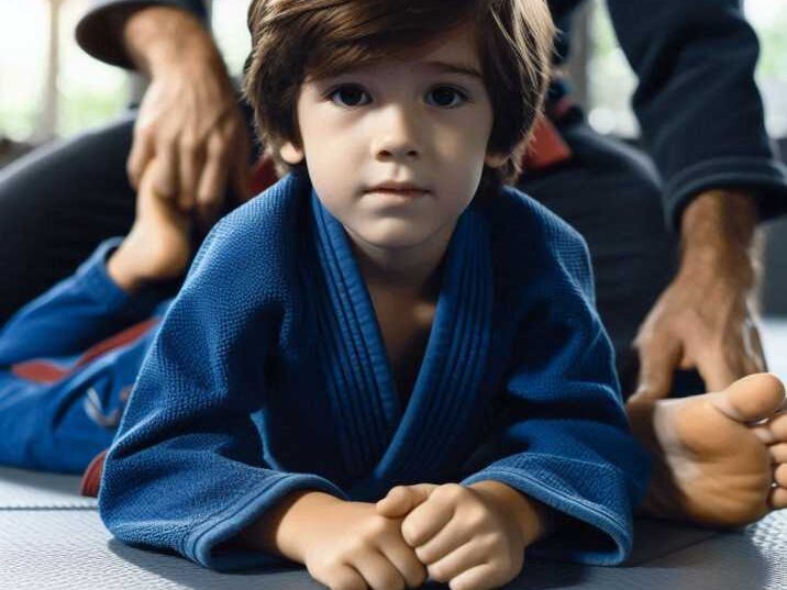 A child practicing Brazilian Jiu-Jitsu ground techniques.