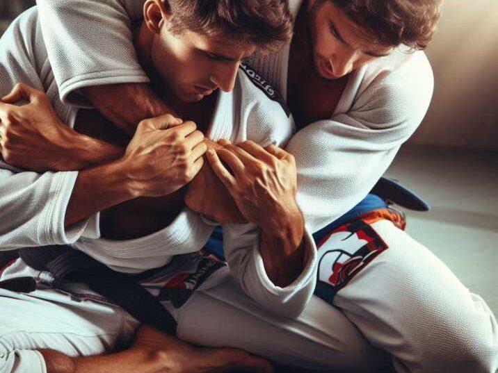 Two Brazilian Jiu-Jitsu practitioners grappling on the mat