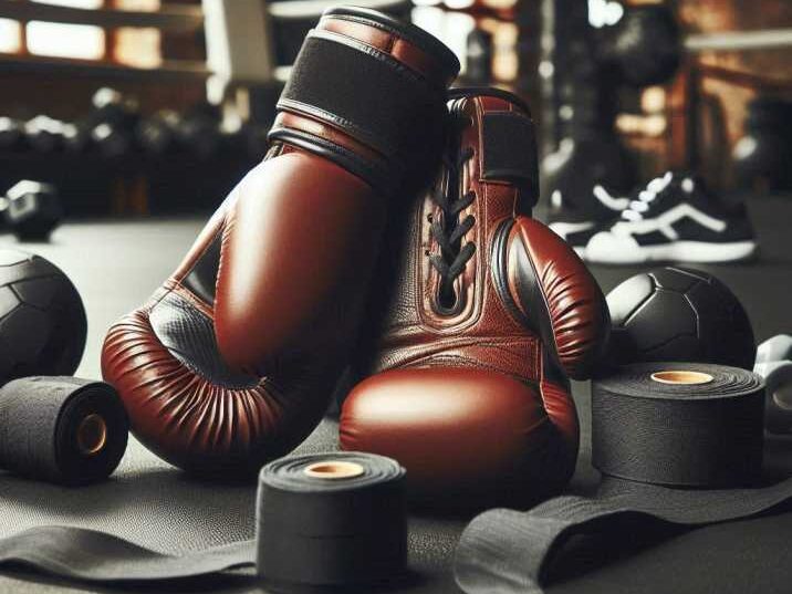 Boxing gloves and hand wraps on a gym floor.