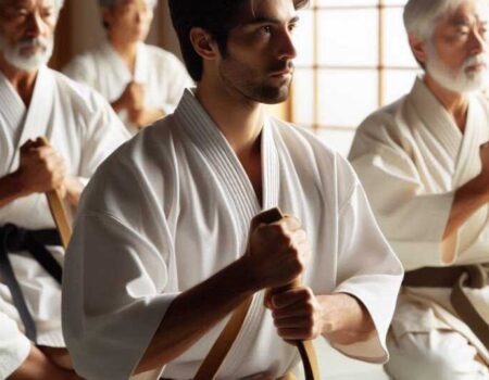 Traditional martial arts students practicing katas