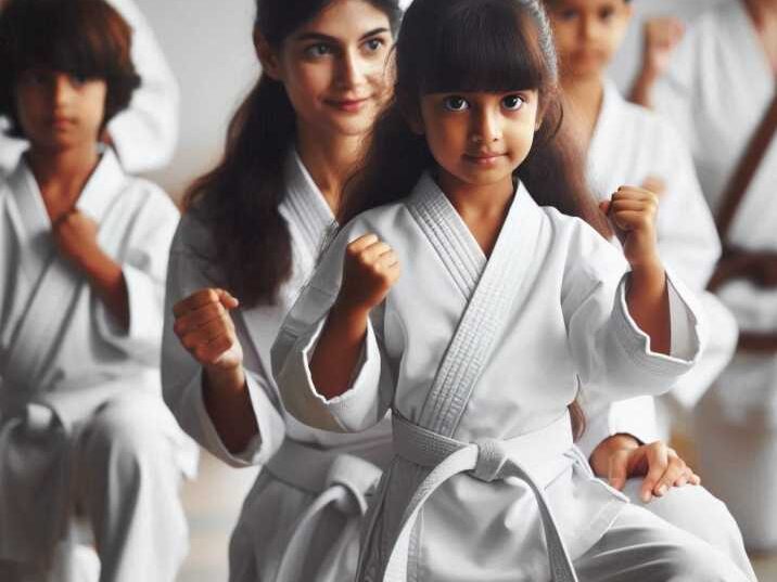 Children practicing martial arts in a karate class