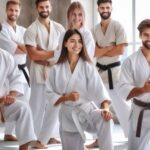 Start martial arts class with students learning basic moves