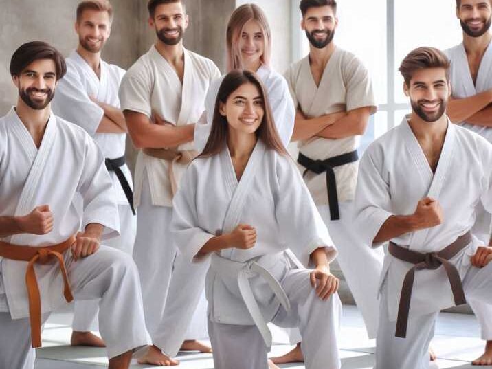 Start martial arts class with students learning basic moves