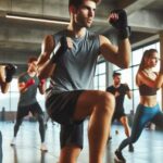 Group of people practicing cardio kickboxing in a gym.