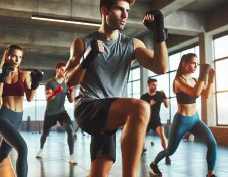 Group of people practicing cardio kickboxing in a gym.