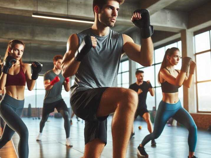 Group of people practicing cardio kickboxing in a gym.