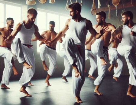 Capoeiristas performing Brazilian Martial Arts Dance during a roda