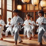 Children practicing karate as best kids martial arts fight