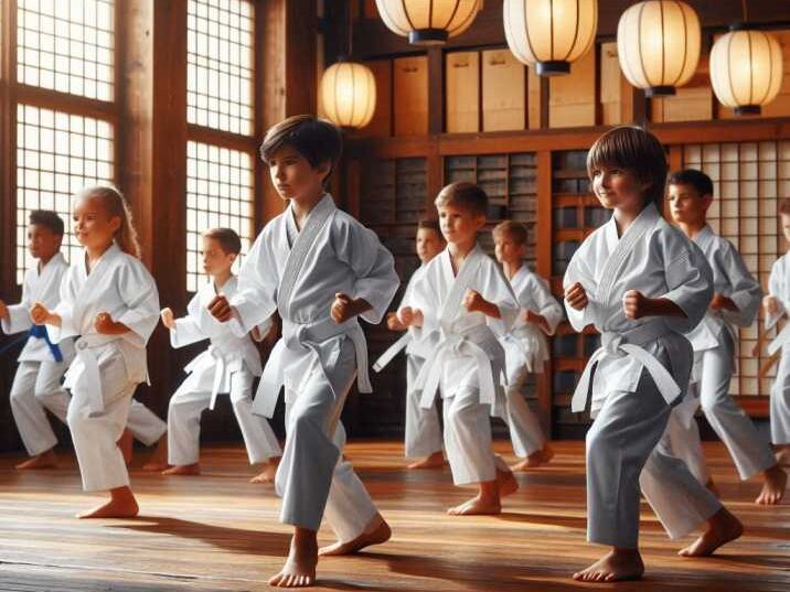 Children practicing karate as best kids martial arts fight