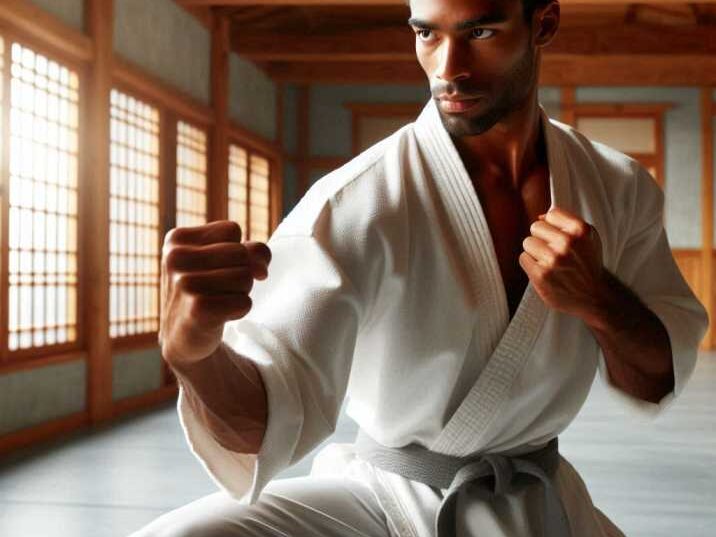 Kung Fu student practicing martial arts in a traditional dojo