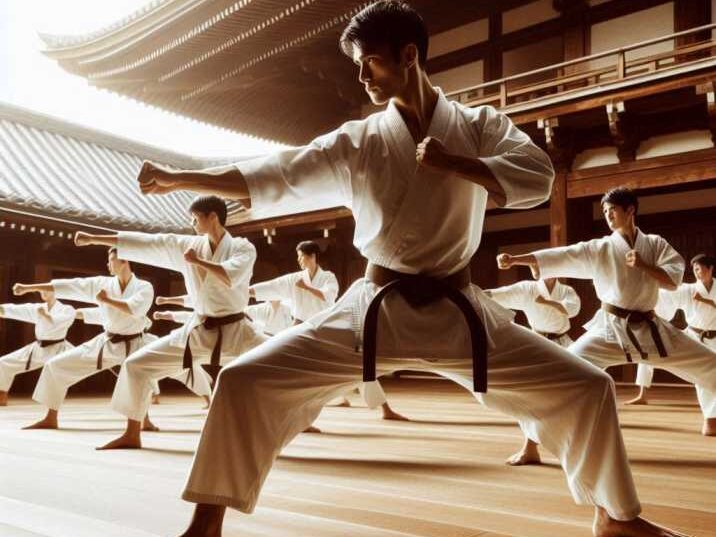 Karate practitioners performing a synchronized kata.