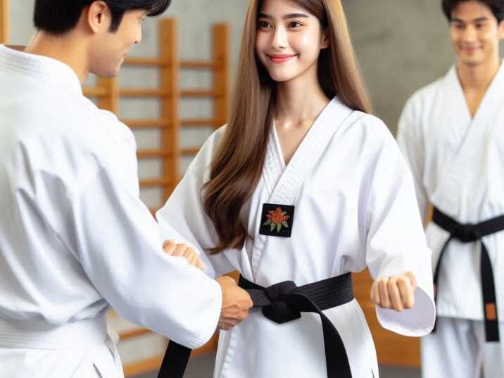 A student receiving a black belt in Taekwondo