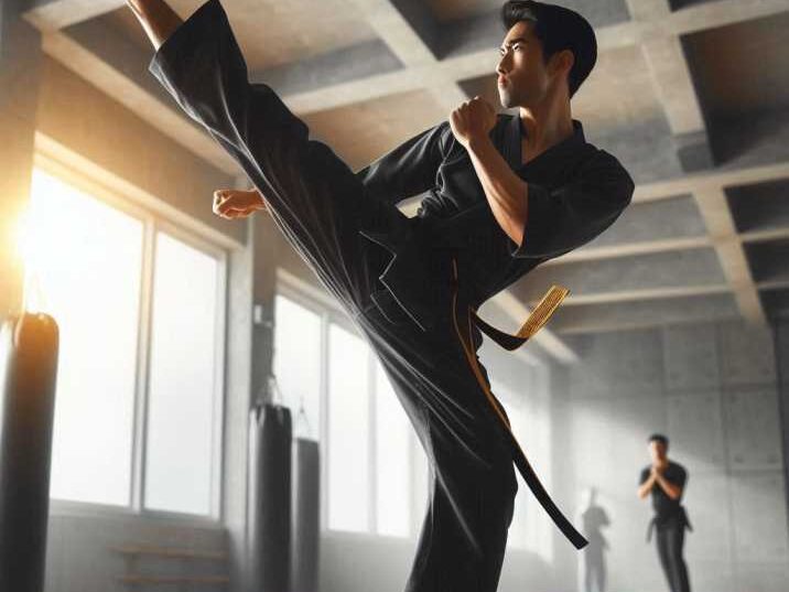 Martial artist practicing kicks during training.