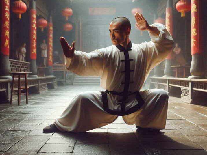 Kung Fu practitioner performing a form in a traditional Shaolin temple setting.