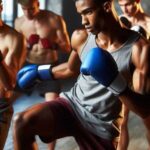 A group of young individuals participating in a kickboxing class, practicing punches and kicks.