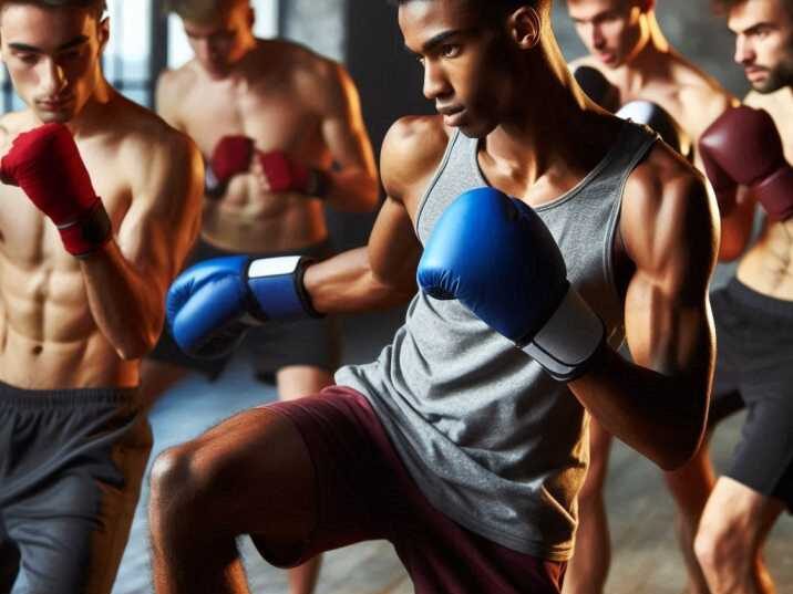 A group of young individuals participating in a kickboxing class, practicing punches and kicks.