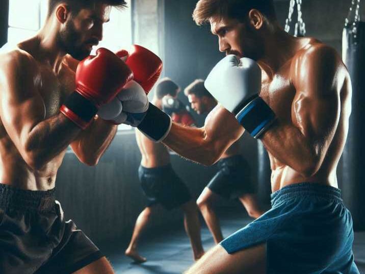 Two fighters practicing Muay Thai in a sparring match