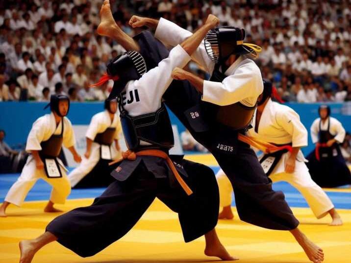 Judo players in action: 