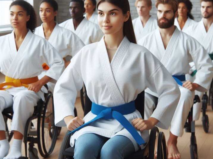 A diverse group of students, including those with disabilities, practice karate in a dojo.