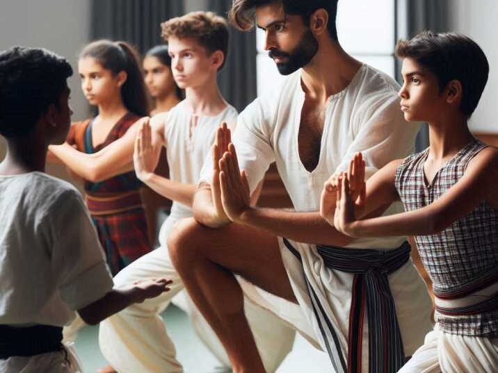 Modern students practicing Kalaripayattu in a training hall.