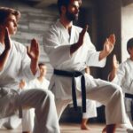 Karate students practicing kata in a dojo.