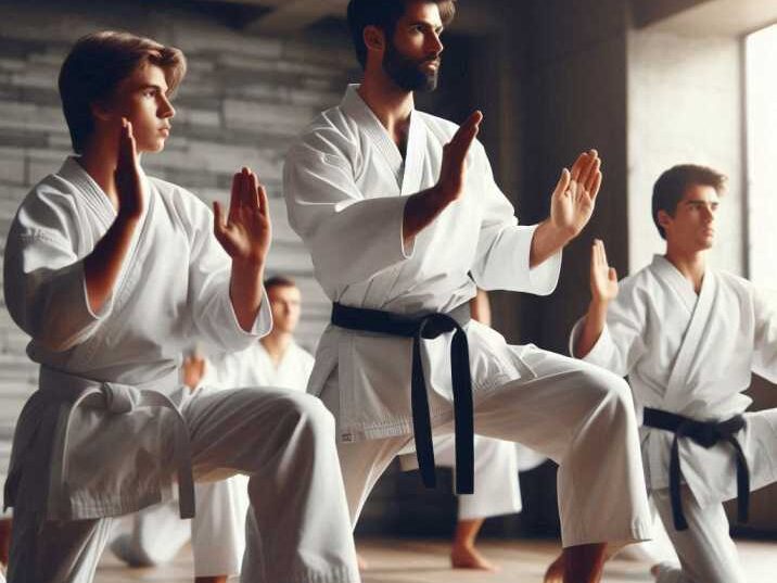 Karate students practicing kata in a dojo.