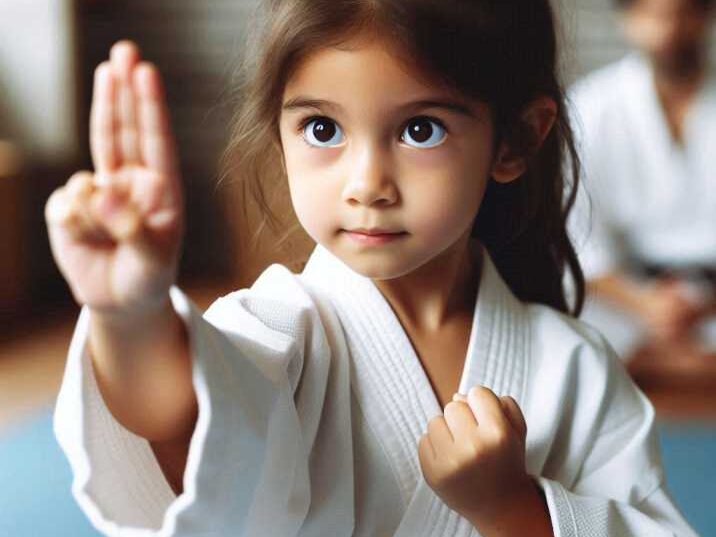 A young child demonstrating focus while practicing martial arts.