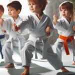 A group of Martial Arts for 3-Year-Olds practising karate moves in a dojo.