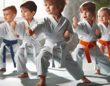 A group of Martial Arts for 3-Year-Olds practising karate moves in a dojo.