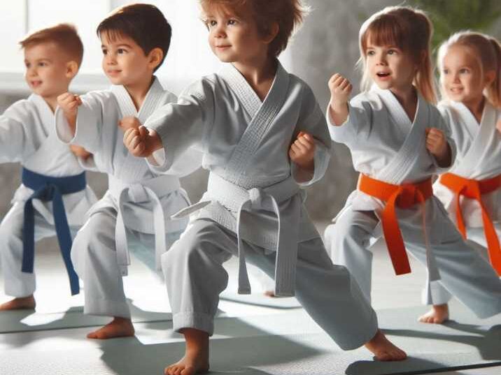 A group of Martial Arts for 3-Year-Olds practising karate moves in a dojo.