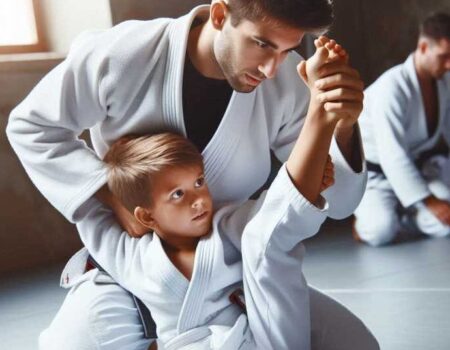 Child practicing Brazilian Jiu-Jitsu techniques with instructor