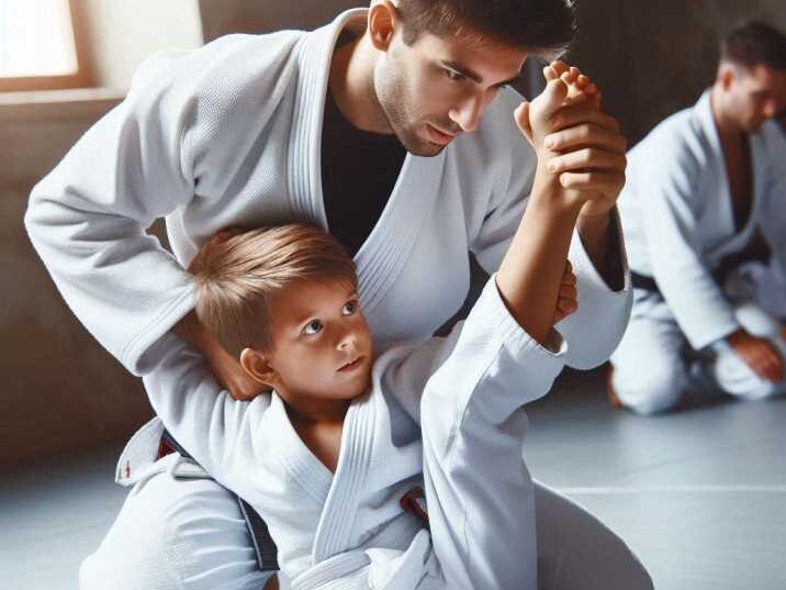 Child practicing Brazilian Jiu-Jitsu techniques with instructor