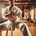 Martial artist practicing karate stance in a traditional dojo.