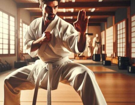 Martial artist practicing karate stance in a traditional dojo.