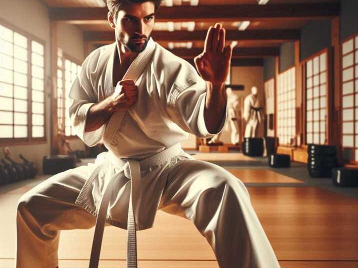 Martial artist practicing karate stance in a traditional dojo.