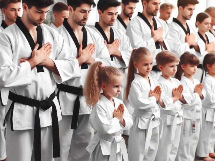 Taekwondo students bowing to their teacher