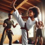 Young child practicing high kick in martial arts class