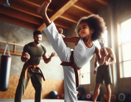 Young child practicing high kick in martial arts class