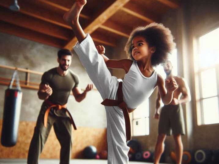 Young child practicing high kick in martial arts class