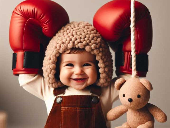 Toddler practicing boxing with gloves