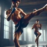 Young fighter performing a roundhouse kick in Muay Thai