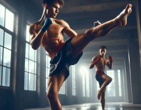 Young fighter performing a roundhouse kick in Muay Thai