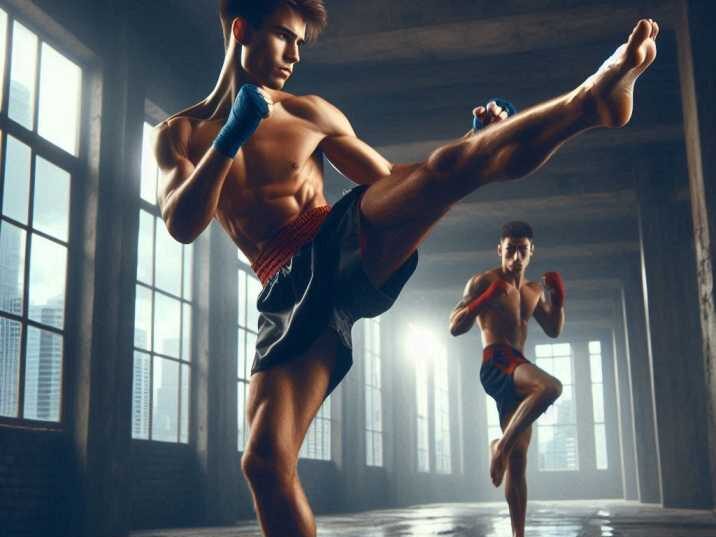 Young fighter performing a roundhouse kick in Muay Thai