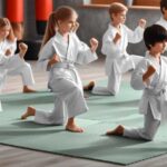 A group of kids practicing Karate in a dojo.